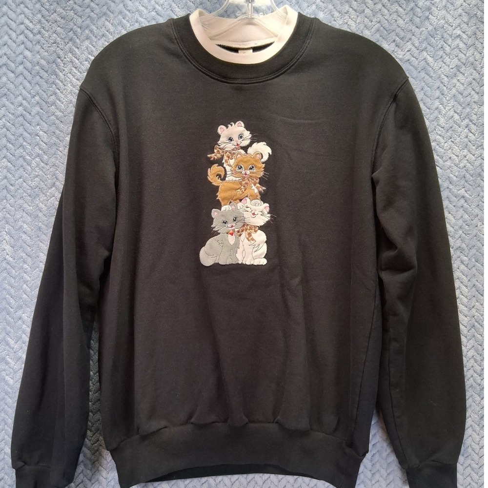 Morning Sun Black Kitten Stack Embroidered Sweatshirt Double Collar Small